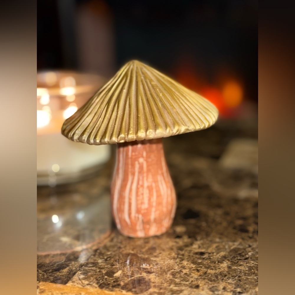 🍄 Gold Ribbed Ceramic Mushroom Boho Fairy Cottagecore Decor